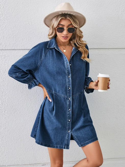 'Zola' Button Up Flounce Sleeve Mini Denim Dress - Celes Fashion
